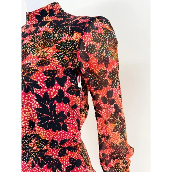 SALONI Floral Print Silk Long Sleeve Midi Dress Tiered Ruffle Mock Neck US 0 SALONI Floral Print Silk Long Sleeve Midi Dress Tiered Ruffle Mock Neck US 0